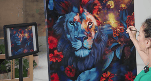 Lion painting of red blue with artist painting